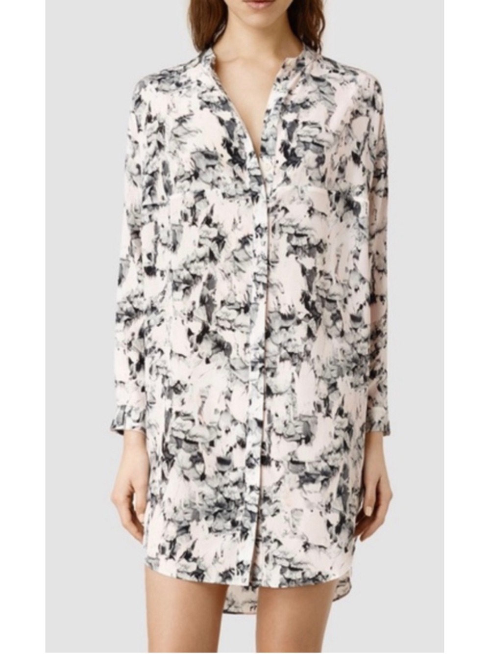 ALLSAINTS Button Down Silk Shirt Size one size Off-White Black Abstract Print